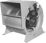 Ventilador centrífugo tipo sirocco com rotor e carcaça metálica.